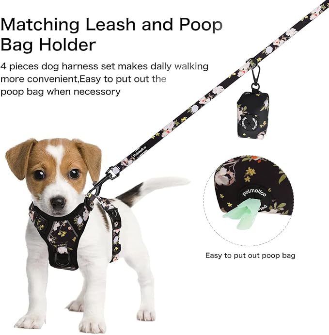 Petmolico No Pull Dog Harness Set, 4 Leash Attchment Easy Control Handle Reflective Vest Dog Harness for Small Breed,Harness and Leash Set with Poop Bag Holder, Small Yellow Peach Blossom