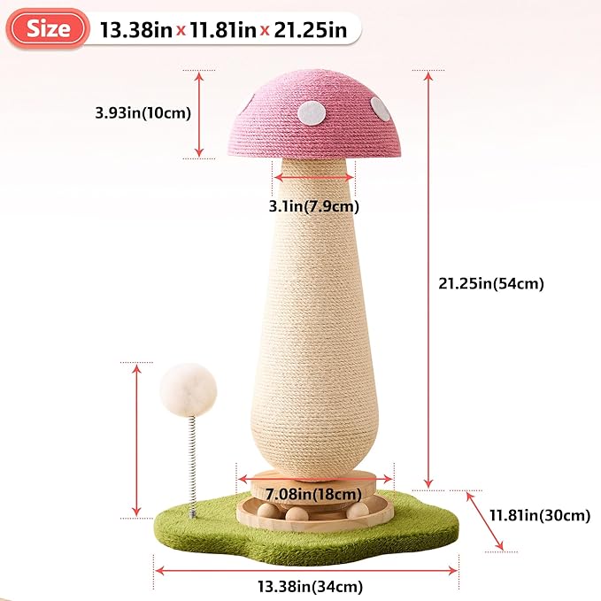 Mushroom Cat Scratching Post Cat Tree, 21.5‘’ H Cute Cat Scratcher Tower with Durable Solid Wood Turntable Toy, Baby Pink Mushroom Scratch Post Cat Sisal Scratcher with Catnip for Indoor Adult Cats