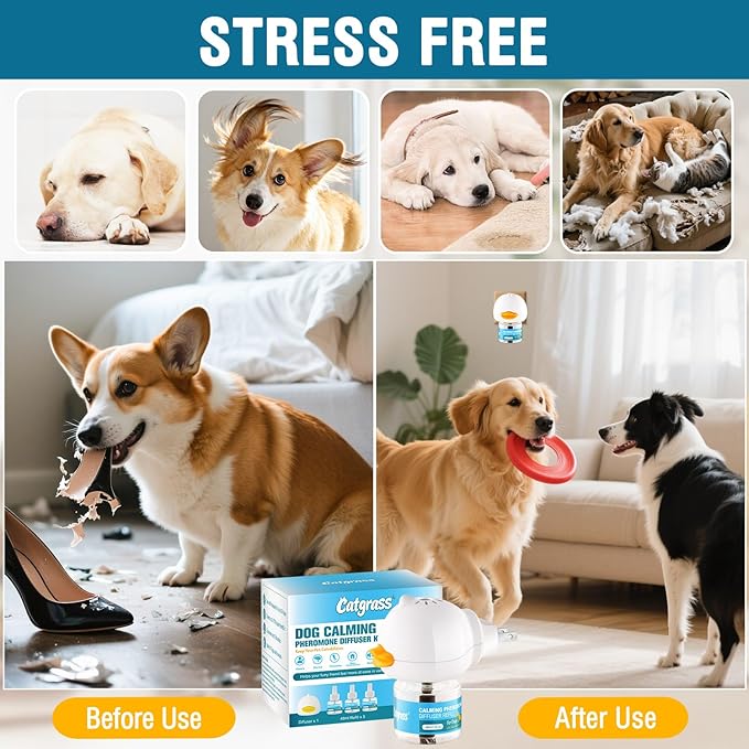 Dog Calming Pheromone Diffuser 4-In-1 Appeasing Pet Pheromone Calming Diffuser Kit (Plug in + 3 Pack 48ml Refill) for Anxiety Relief, Reduce Barking, Aggression & Stress, 90 Day Supply (Tasteless)