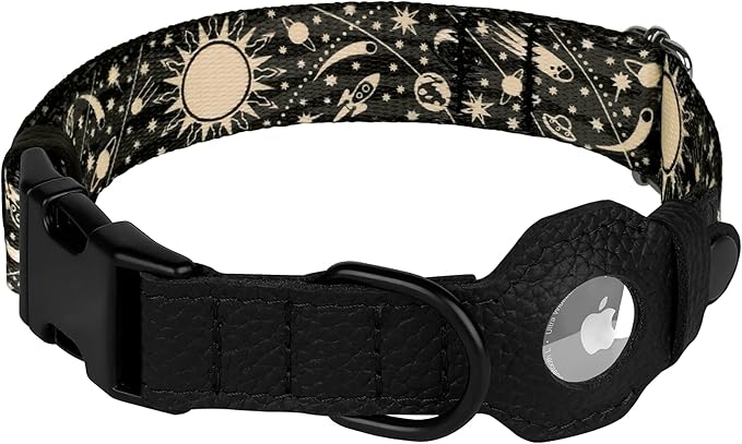 AirTag Dog Collar with Metal Buckle - Printed Nylon Soft Leather Dog Collar with Apple AirTag Holder - Secure Tracking GPS Pet Collars for Girl Boy Small Large Dogs (XS, 9"-12" Neck Fit, Space)