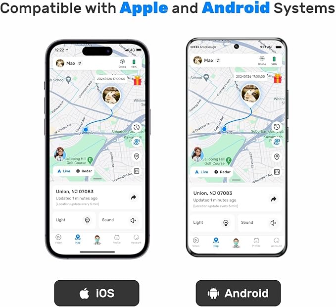 Dog GPS Tracker, Smart Waterproof Tracker with Real-Time Location, Escape Alerts, Activity Monitor, iOS & Android Compatible, for Dogs 40 lbs+ (White)