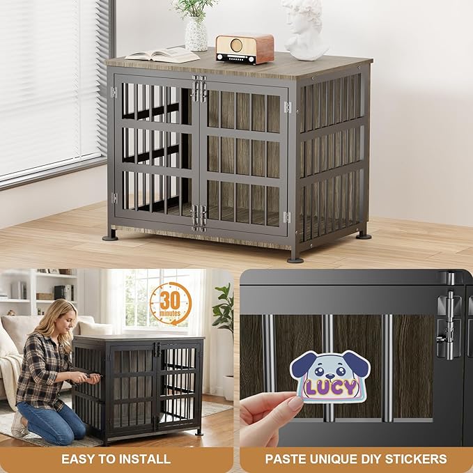 33" Dog Crate Furniture for Medium & Small Dogs with Wheels, Heavy Duty Dog Cage, Indoor Puppy Crate, Wooden Dog Kennel Table, 32.6" L x 22.8" W x 25.8" H, Decorate House as End Table — Grey