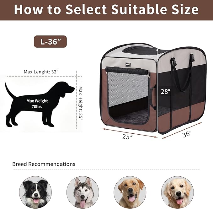 DONORO Dog Kennels and Crates for Medium Dogs, Portable Pop Up Indoor Pet Cage with Sturdy Wire Frame, Collapsible Travel Crate Soft Sided Cat Bag Escape Proof (Brown, 36.0" L x 23.0" W x 28.0" H)