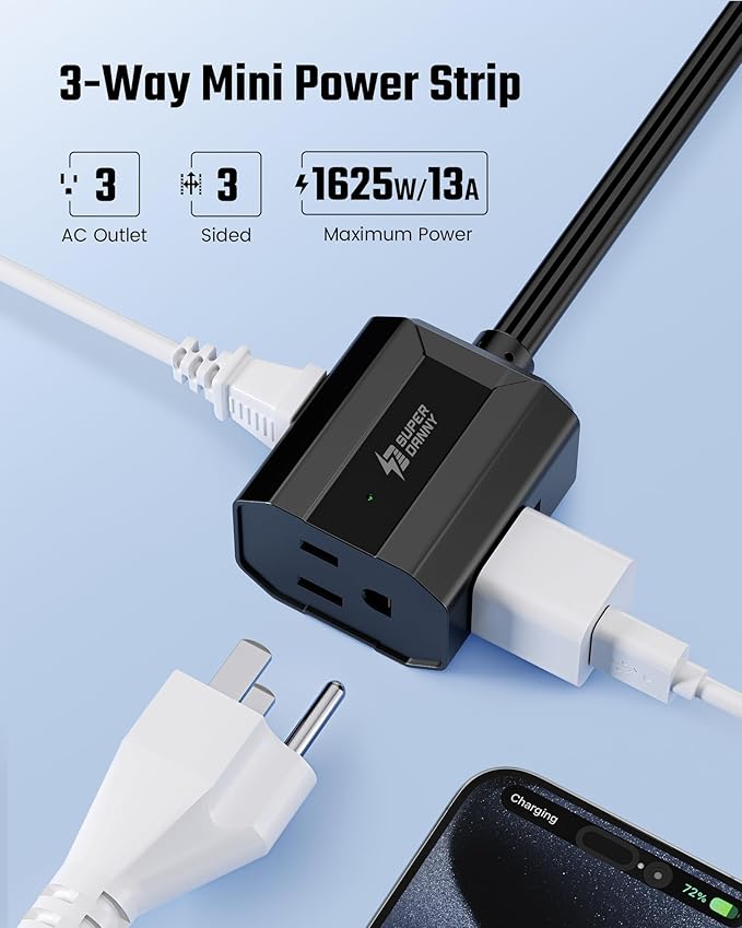Extension Cord 6ft SUPERDANNY Mini Power Strip Ultra Right Angled Flat Plug for Tight Spaces,Indoor Extension with 3 Outlets,for Office Home Appliances,Non Surge Protector for Travel Cruise,Black