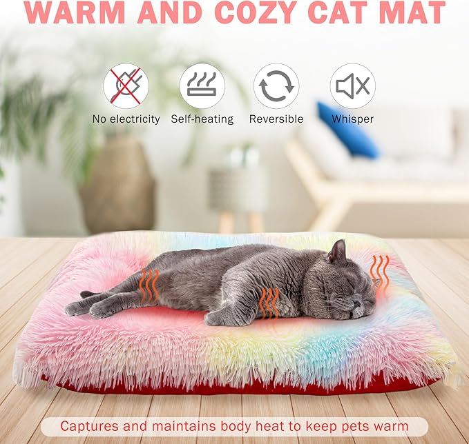 SCENEREAL Self Warming Cat Bed, Heated Cat Bed Mat for Cats Small Dogs, 2 in 1 Soft Plush, Washable Pet Pad for Indoor Outdoor Kitten Puppy, Colorful 24" x 20"