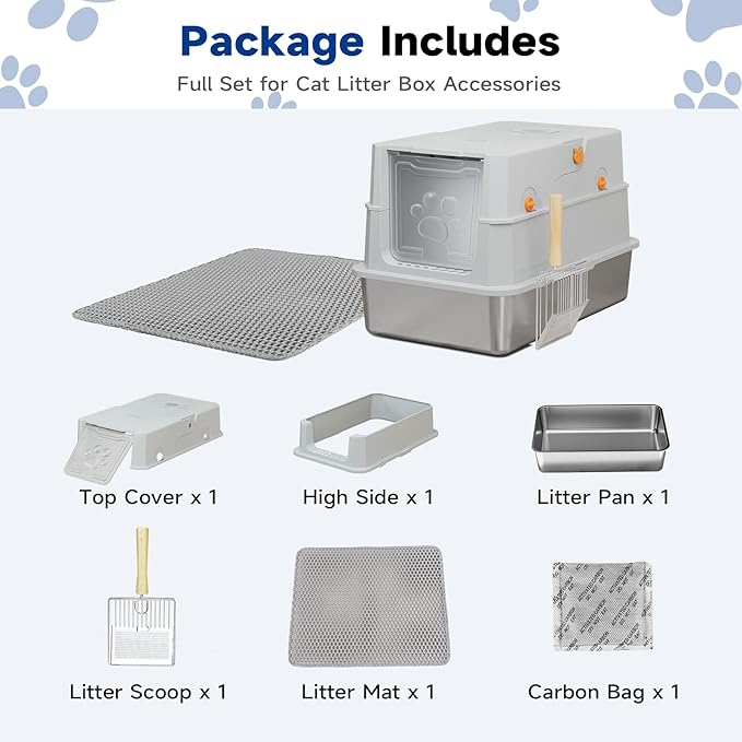 TENTIZON Stainless Steel Cat Litter Box with Lid, XL Large Covered Kitty Litterbox with Flip Top, High Side, Litter Mat, Scoop for Big Cats, Kitten, Multi-Cats Home, No Smell, No Mess, Easy Clean