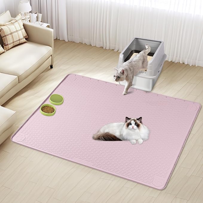 Cat Litter Mat, XXL Extra Large 50" x 35" Silicone Mat Litter Trapping Mat for Scatter Control, Soft on Kitty Paws, Easy to Clean (Pink)