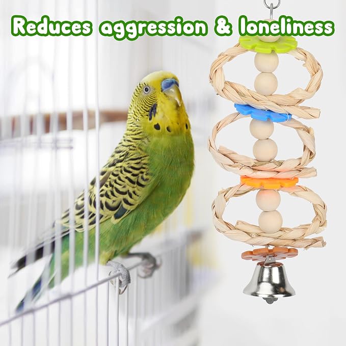 BWOGUE 7 Pack Bird Parrot Toys - Natural Wood Chewing, Climbing, Hanging & Hammock Toys for Small Parakeets, Cockatiels, Conures, Finches, Budgie, Parrots, Love Birds