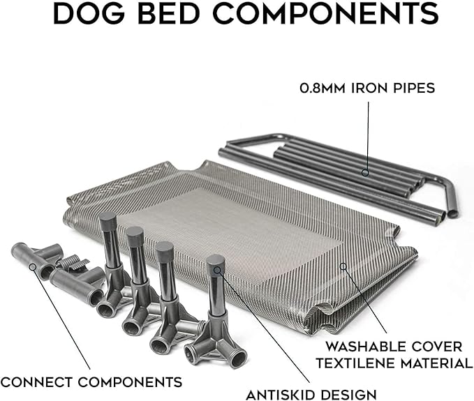 Suddus Elevated Dog Bed for Large Dogs 140lb, Breathable Cooling Raised Dog Cot with Dual Support Bars & Metal Frame, No-Slip Feet, Waterproof Pet Bed for Indoor/Outdoor, X-Large, 48 * 36 * 9in, Grey