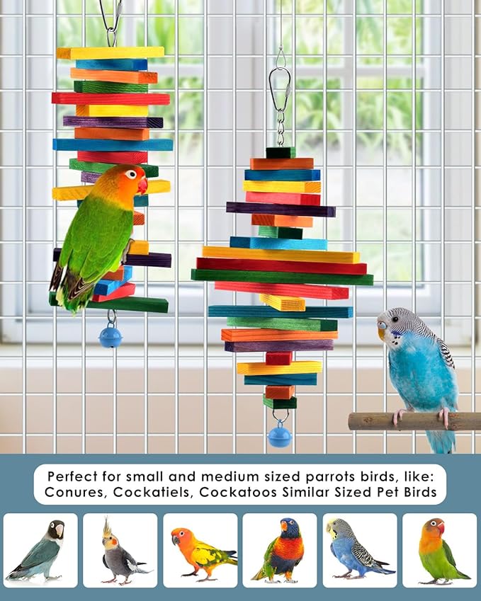 Bissap 2 PCS Bird Chew Toys, Multicolored Bagel Cascade Bird Parrot Chewing Sticks Biting Wooden Blocks Toy for Small Medium Conure Parakeet Cockatiels Lovebird Similar Sized Pet Birds