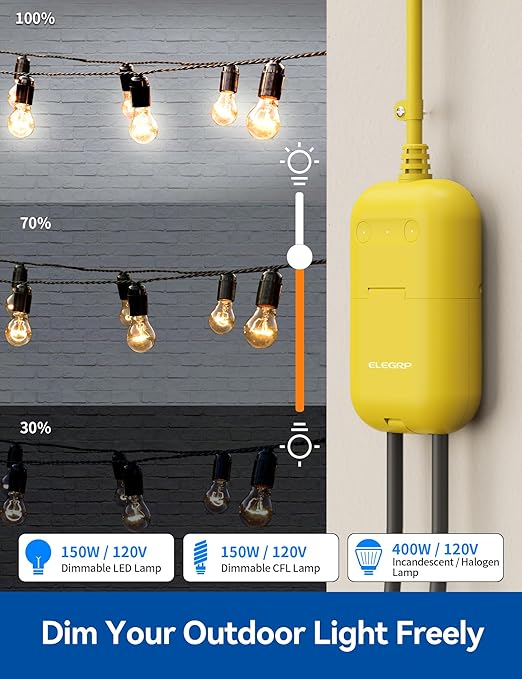ELEGRP Outdoor Smart Dimmer Plug Waterproof IP66, Smart WiFi Plug with 2 Individually Sockets, Compatible with Alexa & Google Assistant, Outdoor Dimmer for String Lights, UL Listed, 1 Pack, Yellow