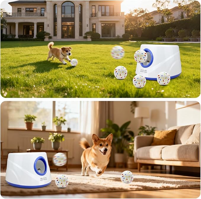 Automatic Dog Ball Launcher with 6 ETPU Balls, White, Adjustable Distance 20-45ft, USB Rechargeable, Interactive Pet Toy-Blue (Yellow)