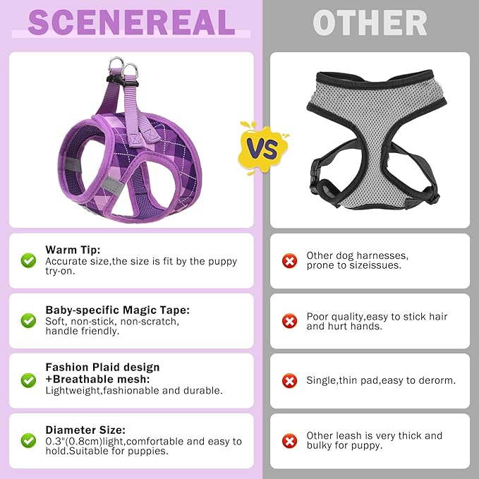 SCENEREAL Small Dog Harness and Leash Collar Set, Step in No Pull Soft Mesh Dog Harnesses for Small Medium Sized Dogs Puppy and Cats Outdoor Walking, No Chock Reflective Vest Harness, Purple Plaid M
