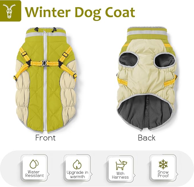 Dog Winter Coat with Harness, Dog Jacket, Pet Clothes with Zipper on Back, Waterproof Windproof Warm Vest, Reflective Cold Weather Coats, for Small Medium Large Dogs, Thick, Green, XL