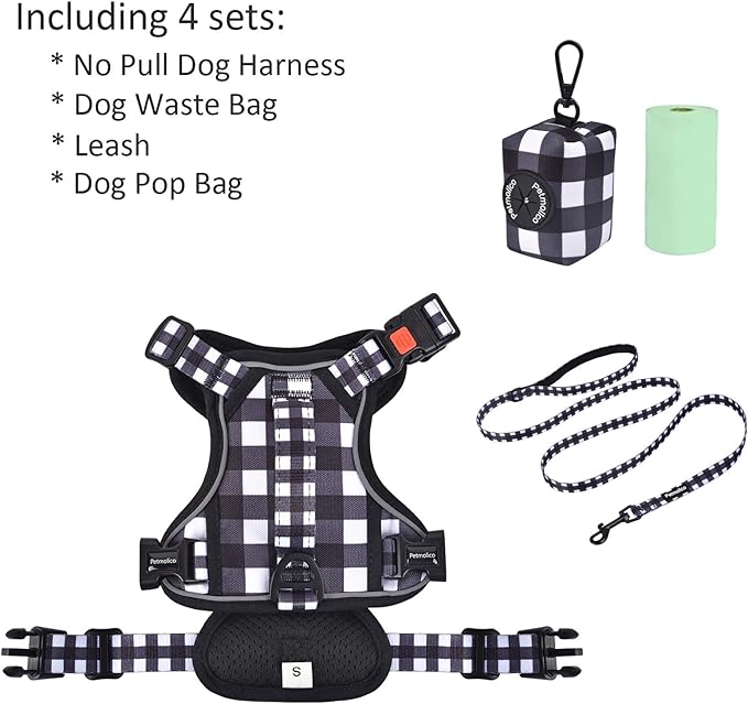 Petmolico No Pull Dog Harness Set with Leash Attachment Easy Control Handle Reflective Harness Vest Small Breed, Puppy Vest and Leash Set with Poop Bag Holder, Small - Plaid