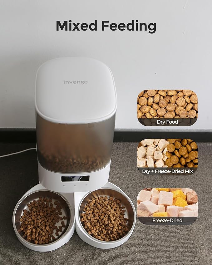 Automatic Cat Feeder - Cat Food Dispenser for 2 Cats MeowServe S20D, Auto Dog Feeder with Stainless Steel Bowls, 5L Pet Feeder with Patented Anti-Jam Port, App, 2.4G/5G WiFi (White)