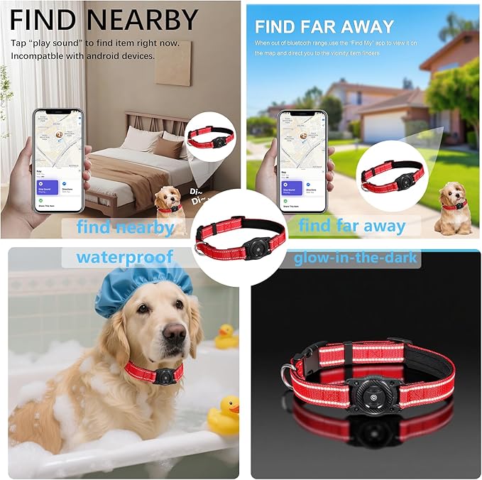 Tracking Collar for Dogs Waterproof Adjustable Air Tag Dog Collar Holder, Comfortable Dog Collars for Small Medium Large Dogs (Red, M)
