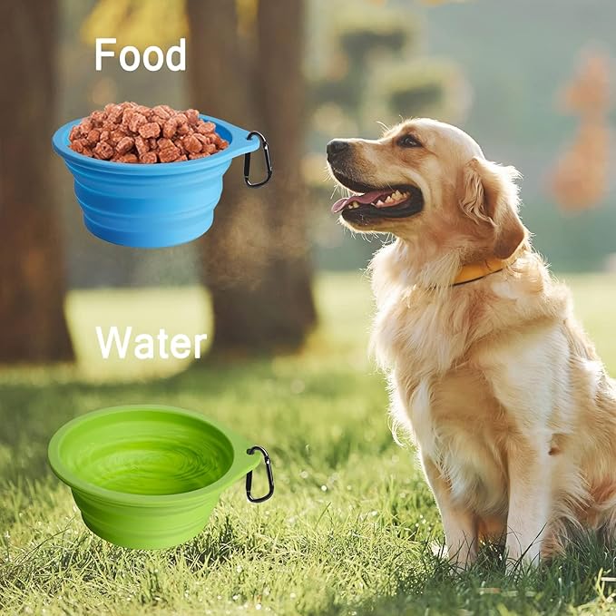 PetBonus 2-Pack Large Silicone Collapsible Dog Bowls, 34oz/1000ml BPA Free Portable Foldable Travel Bowl for Pet Cat, Food Water Feeding Dish for Camping with 2 Carabiners (Light Blue & Green)