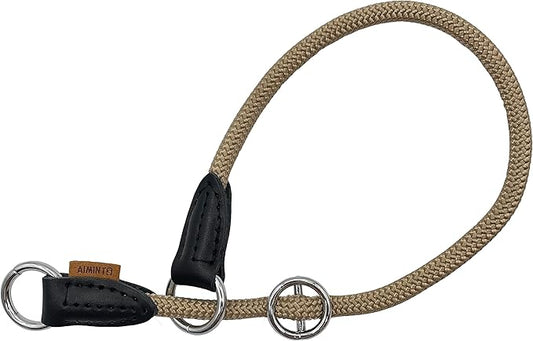 Braided Round Martingale Dog Collar, Training Collar with Slidable Stop Ring - Ideal for Small Medium Dogs (M- (1/3") - 18" Long, Khaki)