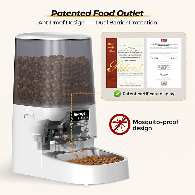 Cat Feeder Automatic - Cat Food Dispenser MeowServe S20, Auto Dog Feeder with Stainless Steel Bowl, 5L Pet Feeder with Patented Anti-Jam Port, App, Dual Lock Lid, Dual-Band WiFi & Power, White