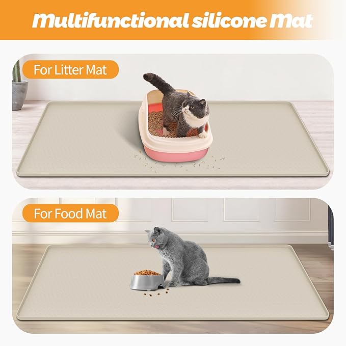 Cat Litter Mat, Extra Large 51" x 25.6" Silicone Mat Litter Trapping Mat for Scatter Control, Soft on Kitty Paws, Easy to Clean (Beige)