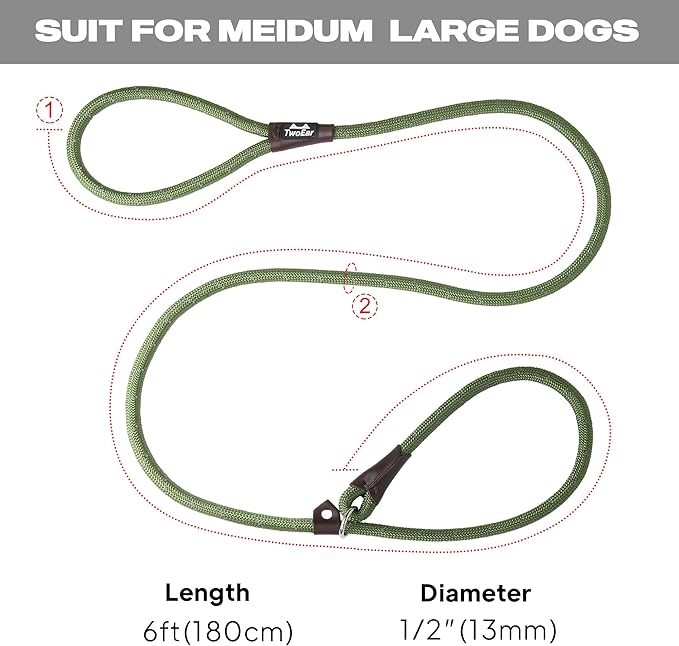 TwoEar Slip Leads for Dogs, 1/2" x 6FT Slip Leash for Large Dogs with Highly Reflective Threads, Comfortable Strong Rope Slip Leads, No Pull Pet Training Leash, Green