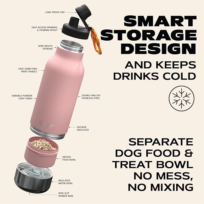 Asobu Dog Barky Bottle – Insulated Stainless Steel Water Bottle with 2 Removable Dog Bowls for Food, Treats & Water – Pet-Friendly Travel Bottle for Hiking, Road Trips & Outdoor Adventures