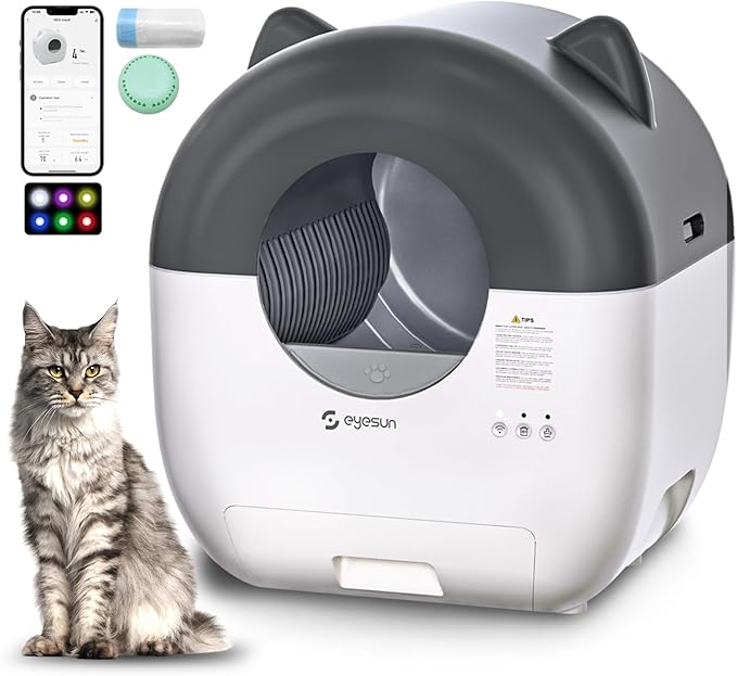 Self Cleaning Litter Box,76L Automatic Cat Litter Box Self Cleaning with APP Control,Low Noise,Safety Protection,Roll Garbage Bags,Deodorizer and Cleaning Brush for Multiple Cats,Xmas