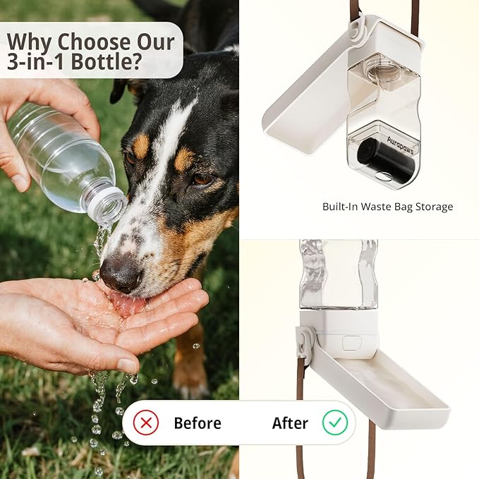 Dog Water Bottle, Portable Water Dispenser, Foldable Dog Bowls, Leak-Proof Pet Water Bottle with Poop Bag Dispenser, Puppy Essentials for Dogs On The Go Walking Hiking Travel, 13.5oz
