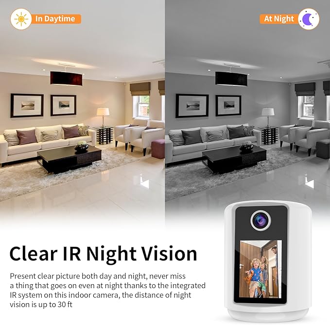 VSTARCAM Video Call Security Camera Indoor with 2.4 inch HD Screen, Pet Camera Monitor, One-Touch Call,Warm Light,360° PTZ, AI Detection,Plug in&Battery Powered,SD/Cloud Storage