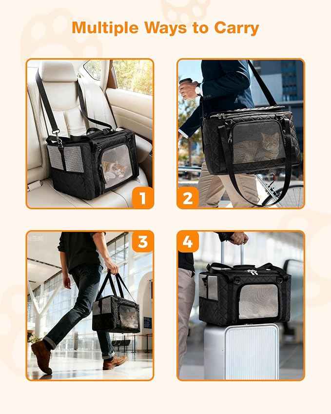 PETUX Airline Approved Cat Carrier for Small Cat - 16" x 10" x 9.5", Double Anti-Escape, Collapsible, Underseat, Under 10 lb with Removable Snack Bag, Safety Buckle, Leash - Ideal for Travel - Grey