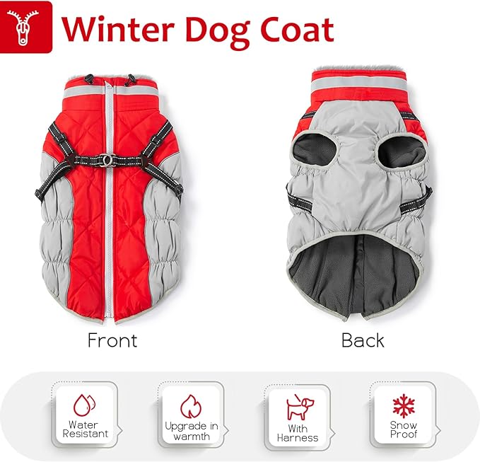 Dog Winter Coat with Harness, Dog Jacket, Pet Clothes with Zipper on Back, Waterproof Windproof Warm Vest, Reflective Cold Weather Coats, for Small Medium Large Dogs, Thick, Red, 2XL
