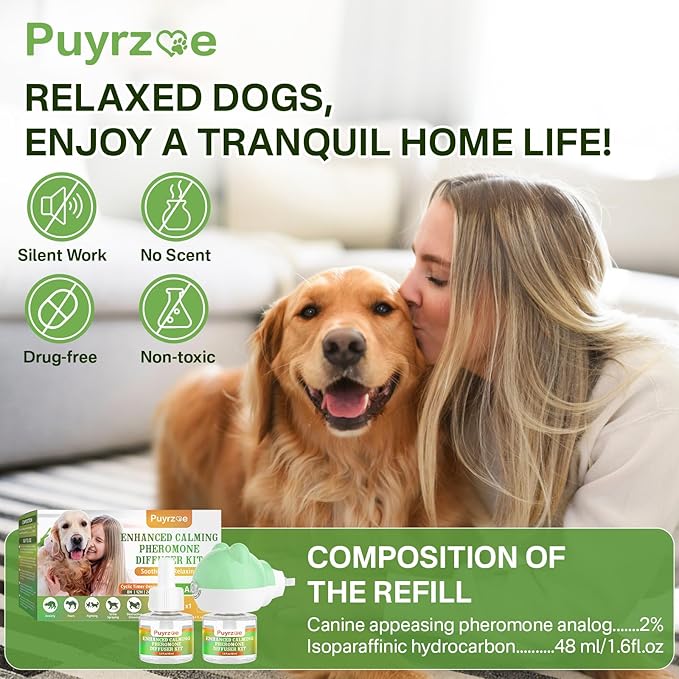 Dog Calming Diffuser with Timing Functions, 3-in-1 Dog Anxiety Relief Diffuser Kit, 120-Day Anxiety Relief, Stress Relaxation Pheromones Calming for All Dogs (1 Diffusers + 2 Refills)