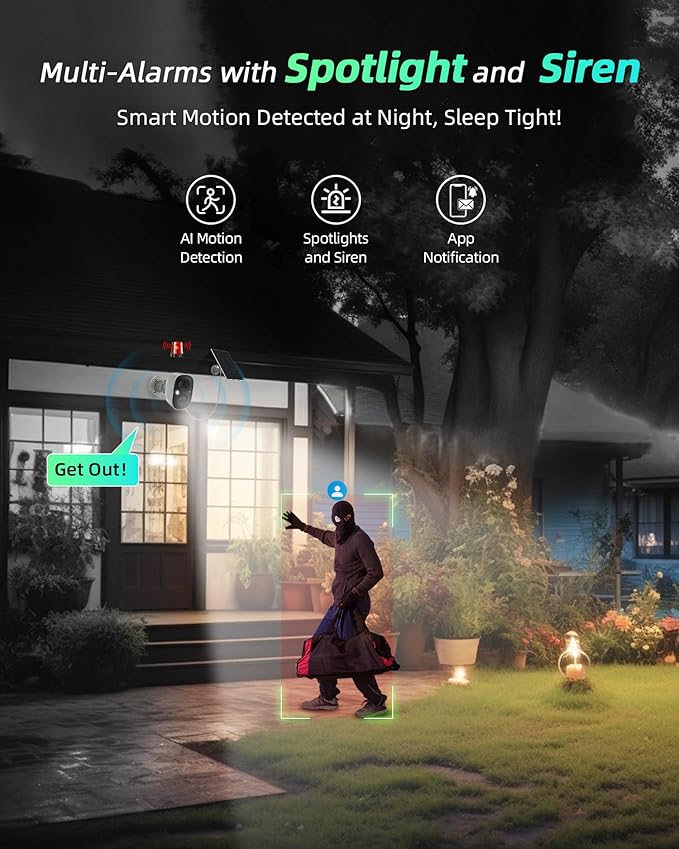 Solar Camera Outdoor Wireless, 2.4G Wi-Fi Security Camera with AI Motion Detection, Cameras for Home Security, 2K Color Night Vision, 2-Way Talk, IP66 Weatherproof, Cloud/SD Storage, 2 Packs