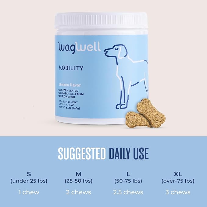 WagWell Mobility Chews – Vet-Formulated, All Natural, Made in The USA – Joint Supplement for Dogs with Glucosamine & Chondroitin – Helps Reduce Inflammation & Promotes Joint Health, 60 Chews