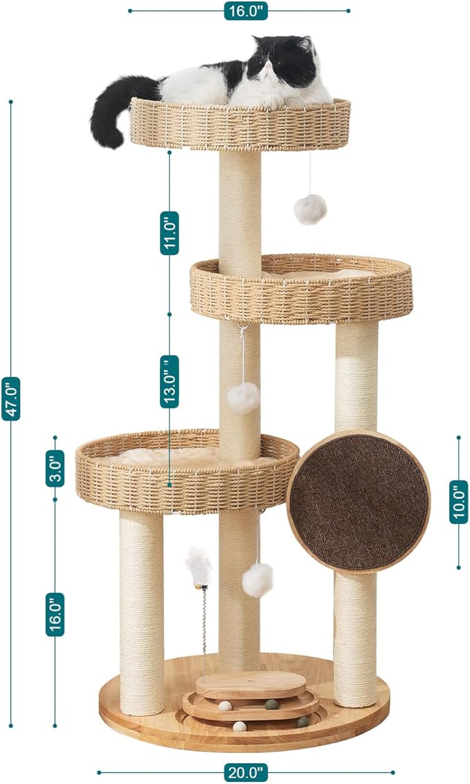 Solid Wood Cat Tree,Modern Cat Tower with Scratching Posts, Hand-Woven Beds & Toys | Heavy-Duty 20lbs Capacity,Indoor Cat Furniture for Big Cats