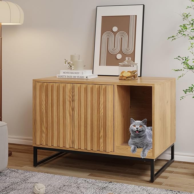 Litter Box Enclosure, Modern Cat Litter Box Enclosure Furniture Hidden Litter Box with Scratch Pad, Cat Washroom House End Table, Entryway Bench for Livingroom (Natural)