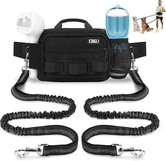 ETACCU Hands Free Dog Leash with Zipper Pouch, Waist Belt for Large Medium 2 Dogs for Running, Walking, Jogging and Hiking, Dual Padded Handles and Durable Bungee - Black