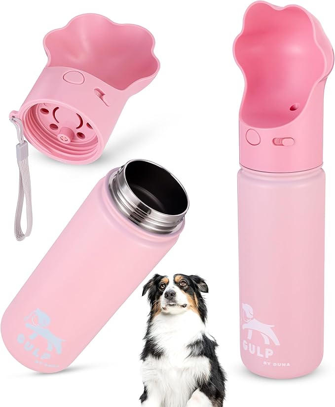 Gulp by Duna 18oz Dog Travel Water Bottle with Paw-Shaped Bowl – Insulated Stainless Steel, Leakproof & Portable with Carry Strap – Outdoor Walking, Hiking & Pet Hydration On-The-Go – Pink