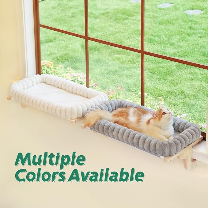Zakkart SnugCloud Cat Window Perch with 4-Sided Bolster - Orthopedic Cat Hammock for Window Sill - Solid Hardwood & Metal Frame - Window Seat for Pets (Natural Color Wood w/Brown Bed, Medium)