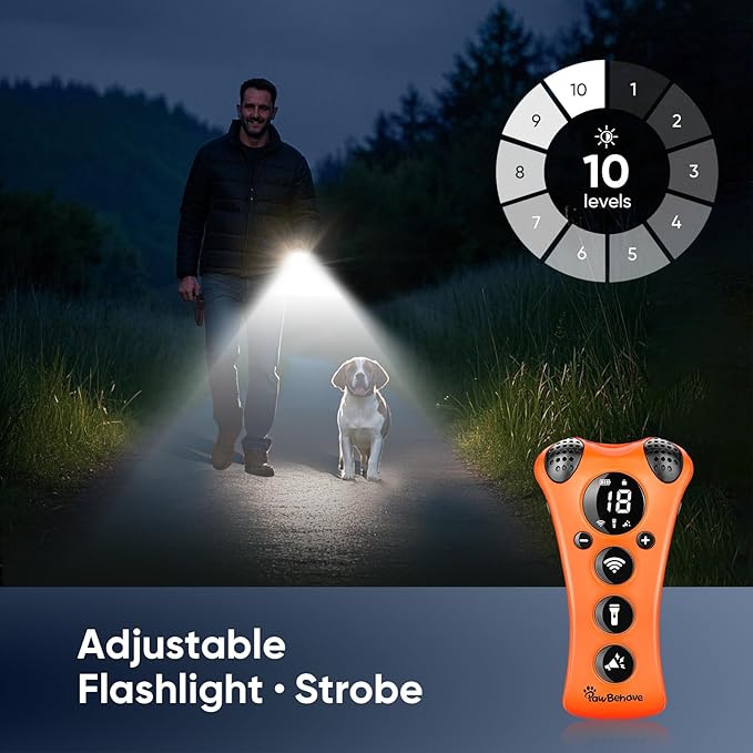 Adjustable Ultrasonic Dog Trainer β World's First Variable Frequency Pet Behavior Corrector with 10 Level Ultra Sound, 18 Dog Whistles, Anti-Bark Flashlight, Humane Dog Deterrent (Orange)