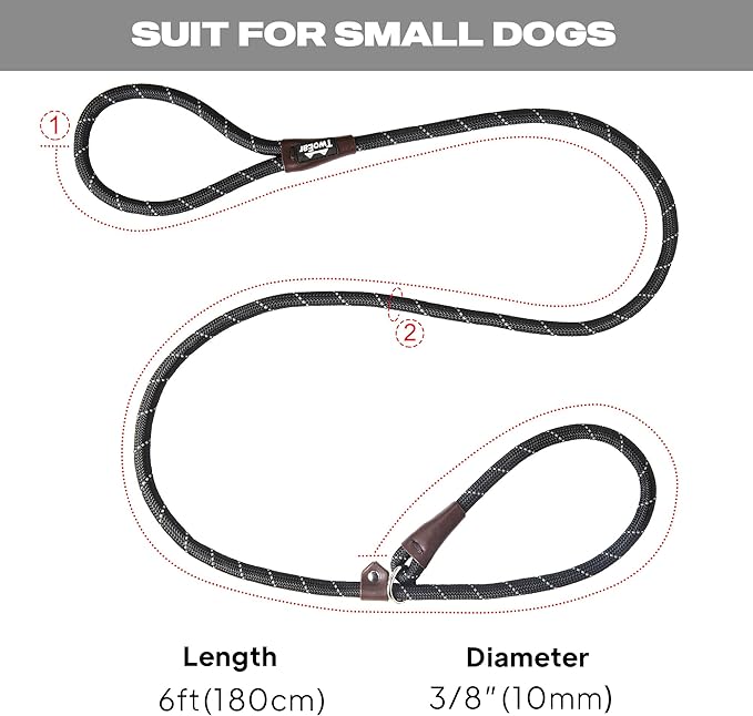 TwoEar Dog Leash Dog Slip Rope Leash 6FT Dog Training Leash Heavy Duty Strong Slip Lead Highly Reflective Threads for Small Medium and Large Dogs (Slim(3/8''x6ft), Black)
