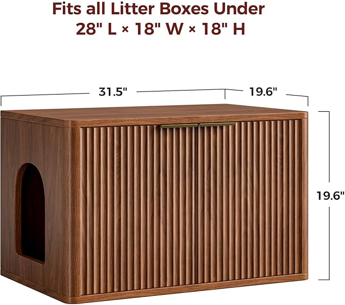 Evermagin 31.5" Walnut Cat Litter Box Enclosure Furniture, Large Hidden Litter Box Cabinet, Entry Can Install Left/Right, Mid Century Modern Fluted Kitty End Table for Living Room, Entryway, Bedroom