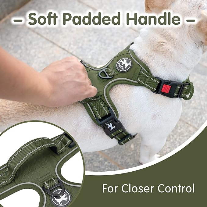 PoyPet No Pull Dog Harness and 5 Feet Leash Set, Release on Neck Reflective Adjustable Pet Vest, Front & Back 2 D-Ring and Soft Padded Pet Harness with Handle for Small to Large Dogs(Military Green,M)