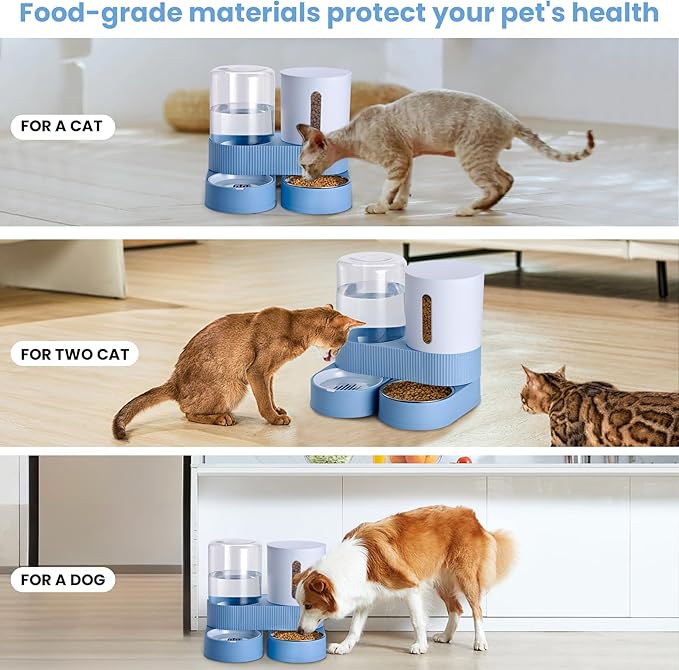 2 Pack Automatic Cat Feeder Stainless Steel Water Dispenser Gravity Food Feeder and Waterer Set with Pet Food Bowl for Small Medium Kitten Puppy Pets Large Capacity(Blue)