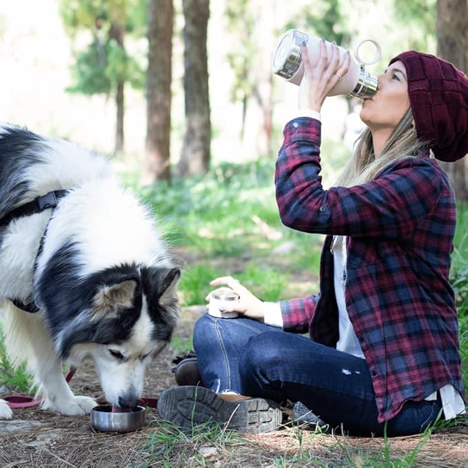 Asobu Buddy Bottle a Stainless Steel Insulated Water Bottle for with Removable Dog Water Bowl and Dog Food and Treat Storage Bowl (Pink, 38 oz Water Bottle with Bowl)