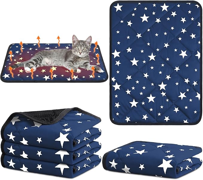 Namalu 4 Pack Self Warming Cat Bed Self Heating Cat Mat Star Pattern Soft Dog Crate Pad Thermal Pet Mat Anti Slip Kennel Dog Washable Warming Bed for Outdoor Indoor(18 x 24 Inch,Blue)