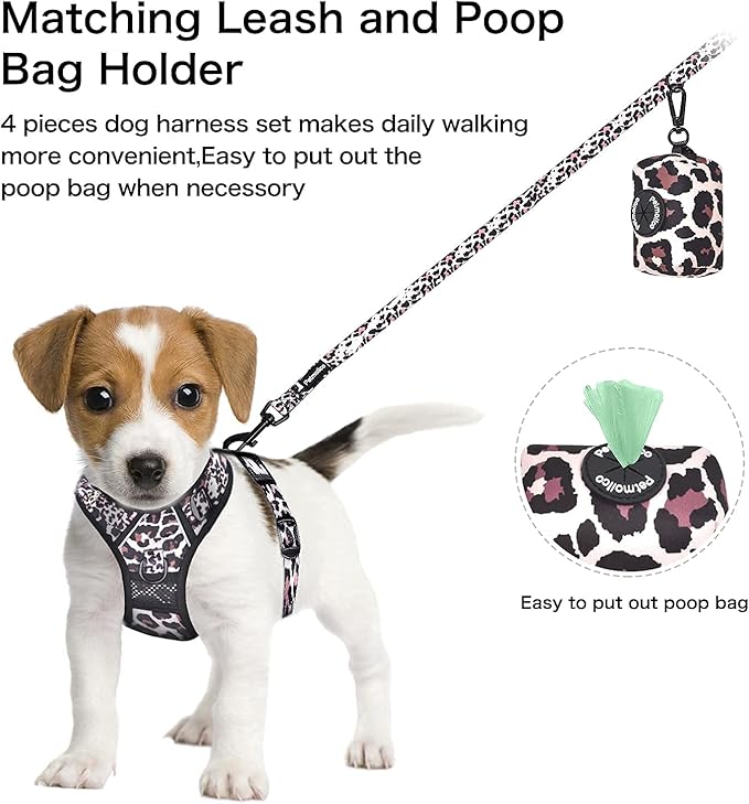 Petmolico No Pull Dog Harness Set with Leash Attachment Easy Control Handle Reflective Harness Vest Small Breed, Puppy Vest and Leash Set with Poop Bag Holder, Small - Leopard