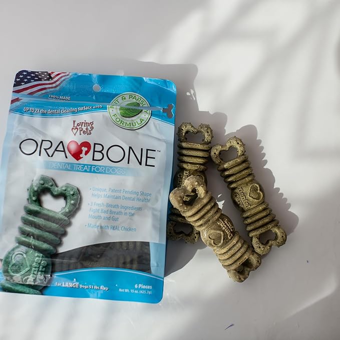 Loving Pets Ora-Bone™ Dental Chews for Dogs – USA Made Dog Dental Sticks with Parsley & Mint – Patented Shape to Reduce Plaque, Tartar, Massage Gums & Freshen Breath (Large 15 oz.)
