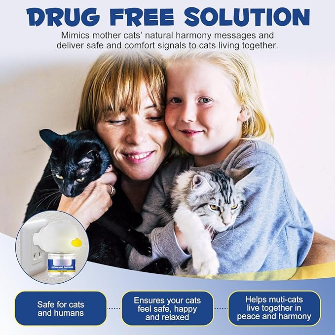 Cat Calming Diffuser Kit 60 Days, Cat Pheromones Calming Diffuser Effectively Relieve Anxiety Stress Fighting Scratching, Pheromone Diffuser for Cats -(1 Diffuser + 2 Refill)